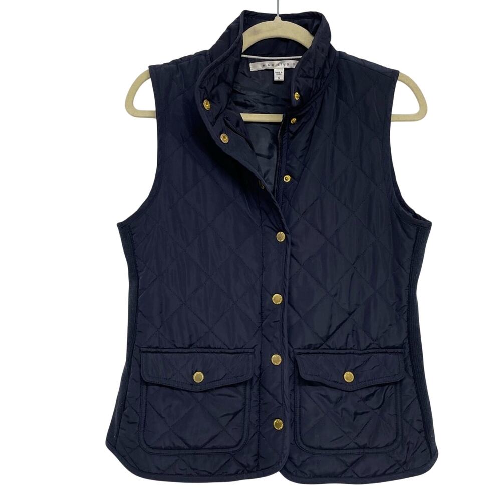 Max Studio Navy Blue Quilted Puffer Vest Womens Small Outerwear Fall Warm Casual